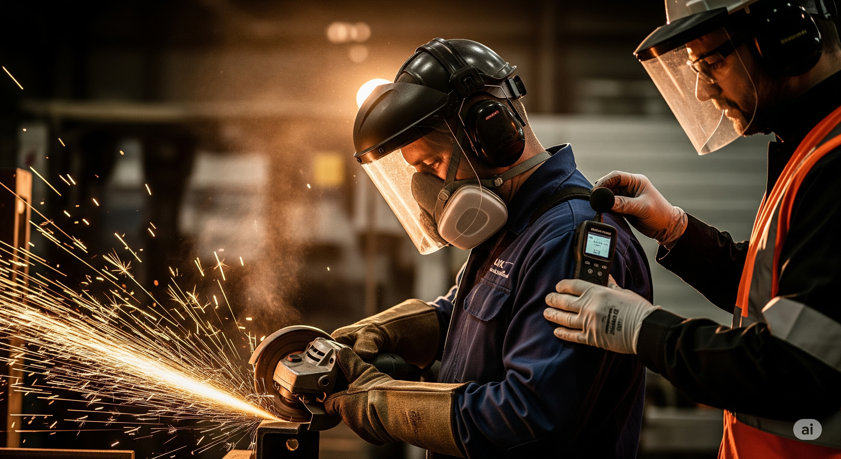 Perícia de Insalubridade e Periculosidade em ambiente industrial com poeira e faíscas; trabalhadores com EPIs
