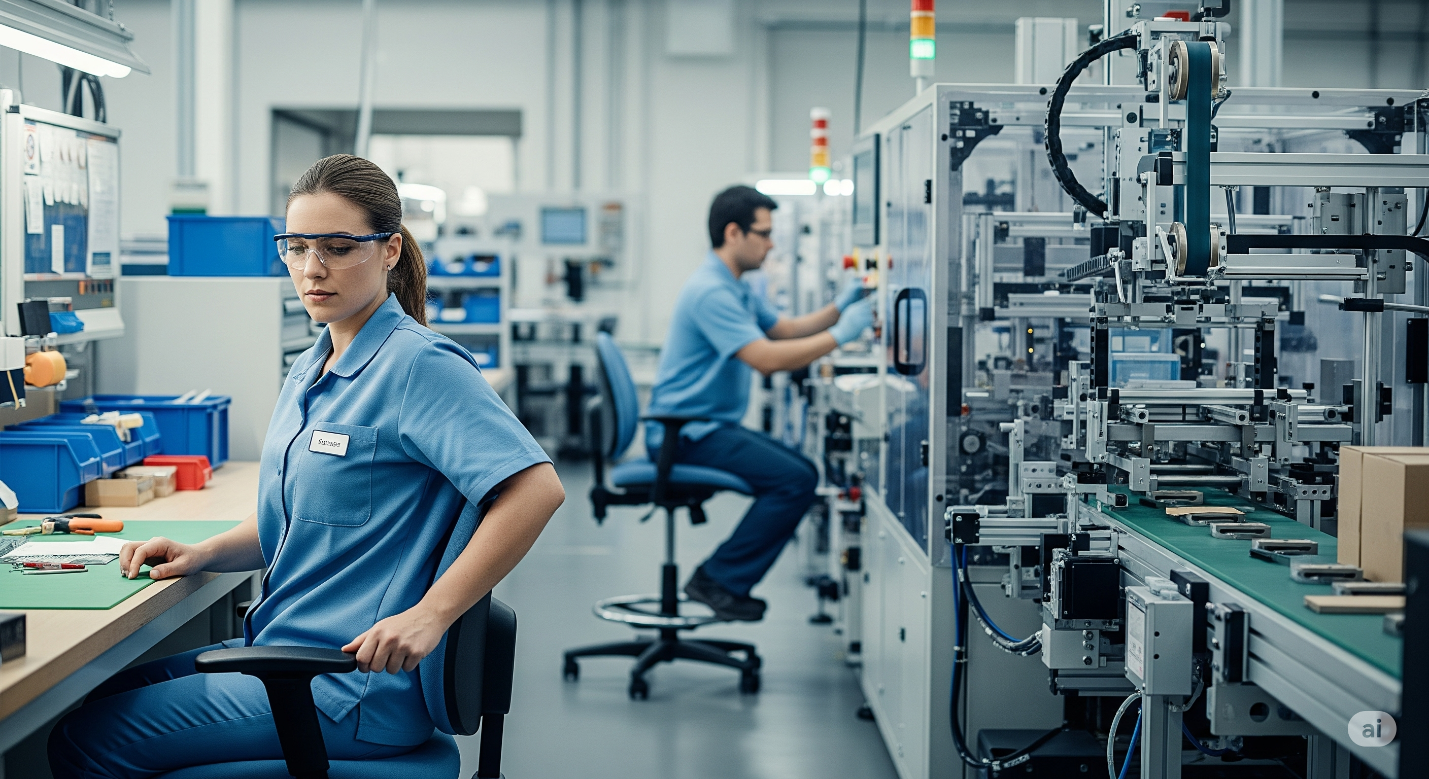 Avaliação Ergonômica do Trabalho com postos ajustáveis, ajuda mecânica e equipe em análise
